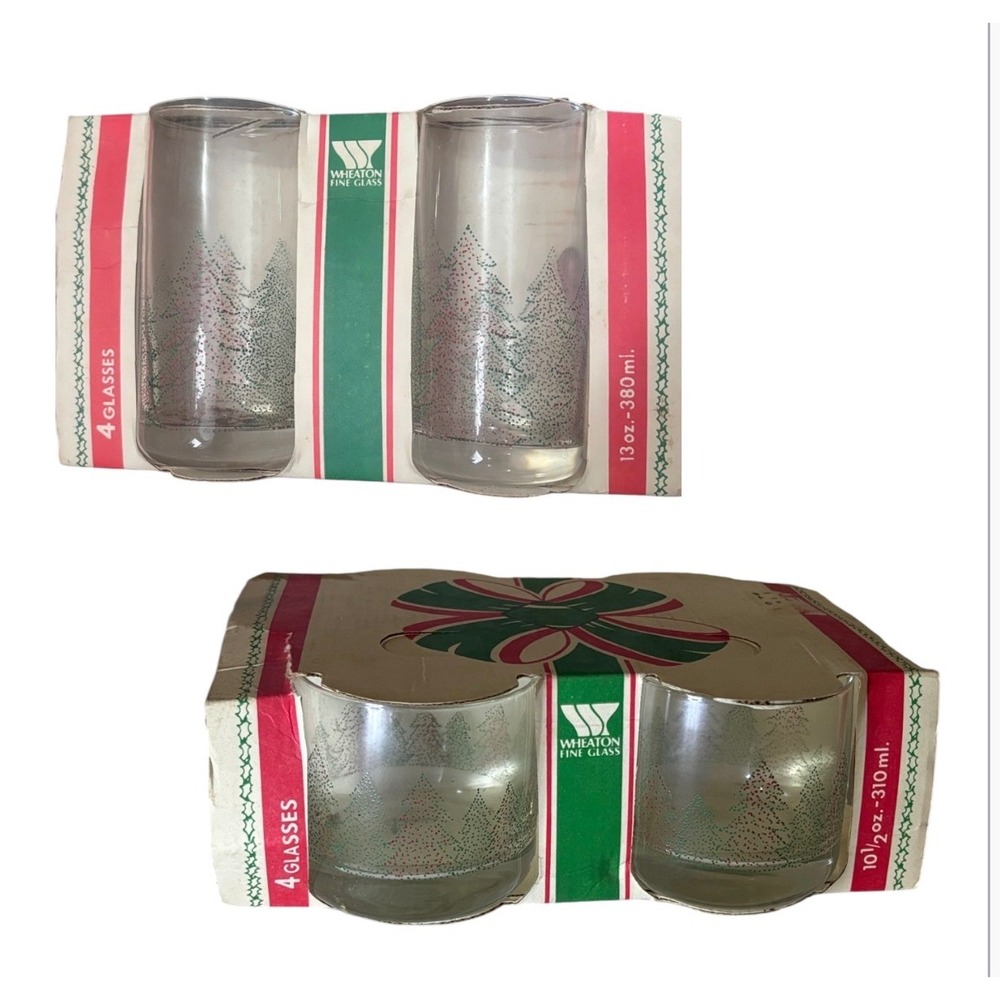 8 Vintage Wheaton Fine Glasses Christmas Pine Trees Dots 13oz & 10.5oz New NOS